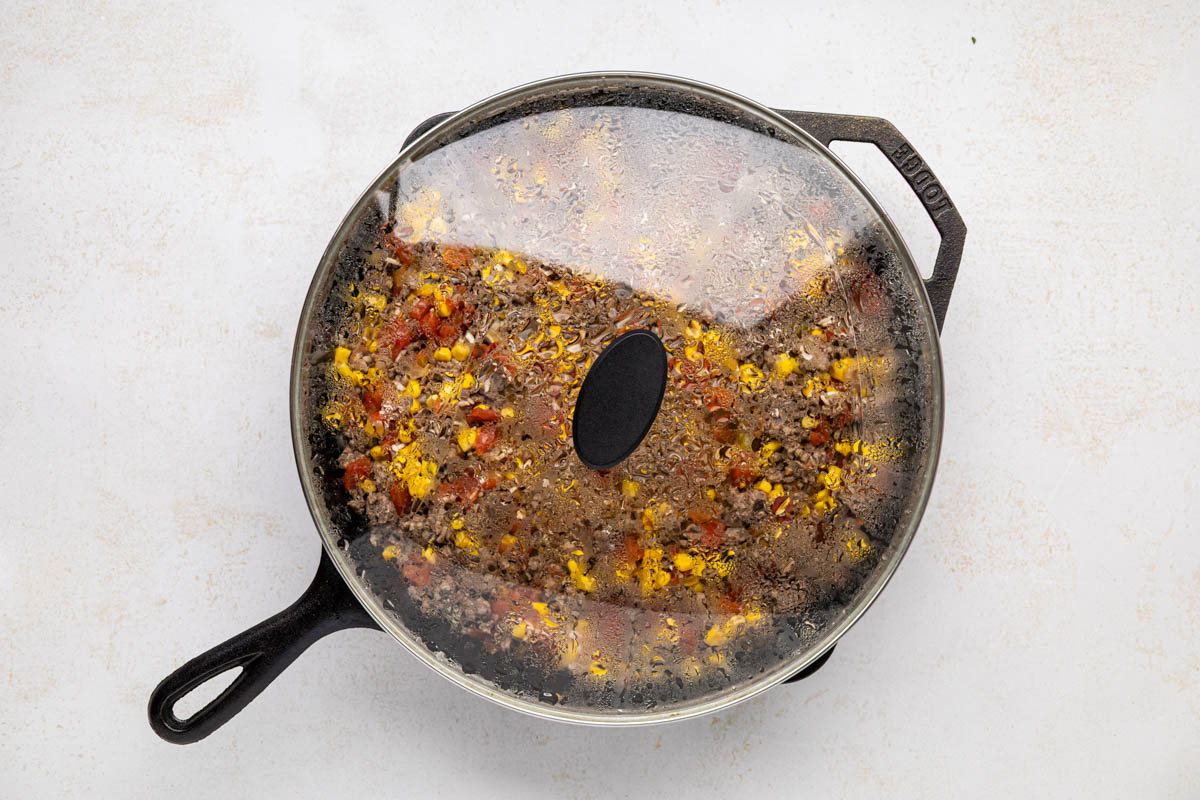 A lid added the the skillet to cook.