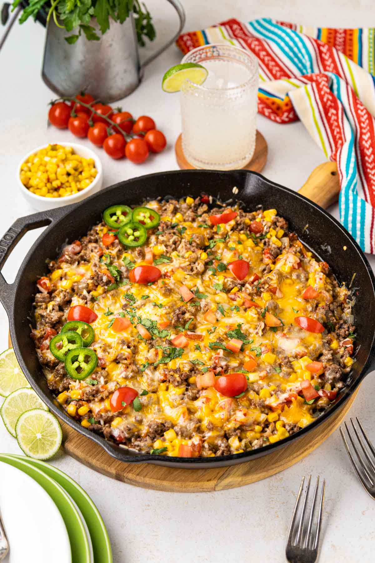 Mexican Beef and rice in a cast iron skillet.