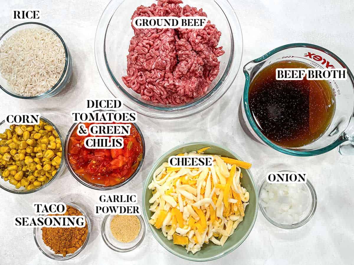 Labeled image of ingredients for Mexican beef and rice.