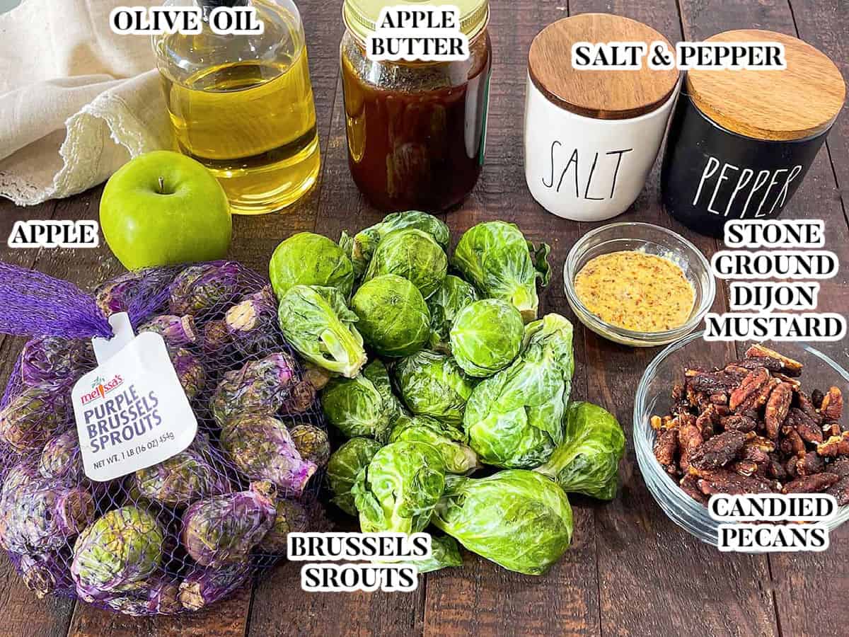 Labeled image of ingredients for apple butter dijon brussels sprouts.