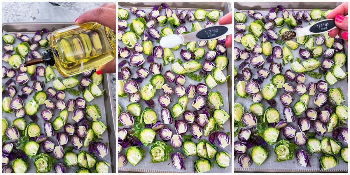 Image collage of adding olive oil, salt and pepper to brussels sprouts on sheet pan.