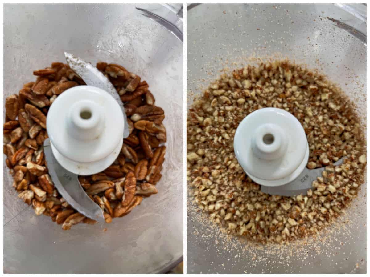 Collage image of pulsing pecans into a panko crumb like consistency.