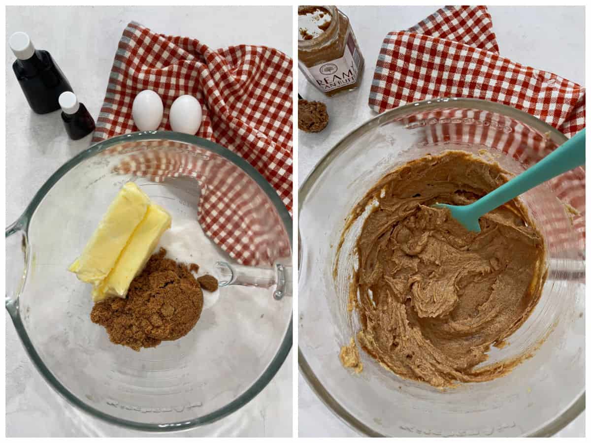 Collage image of creaming butter and sugar and then adding in eggs and extract.