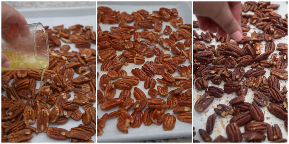 Oven roast pecans step collage image.