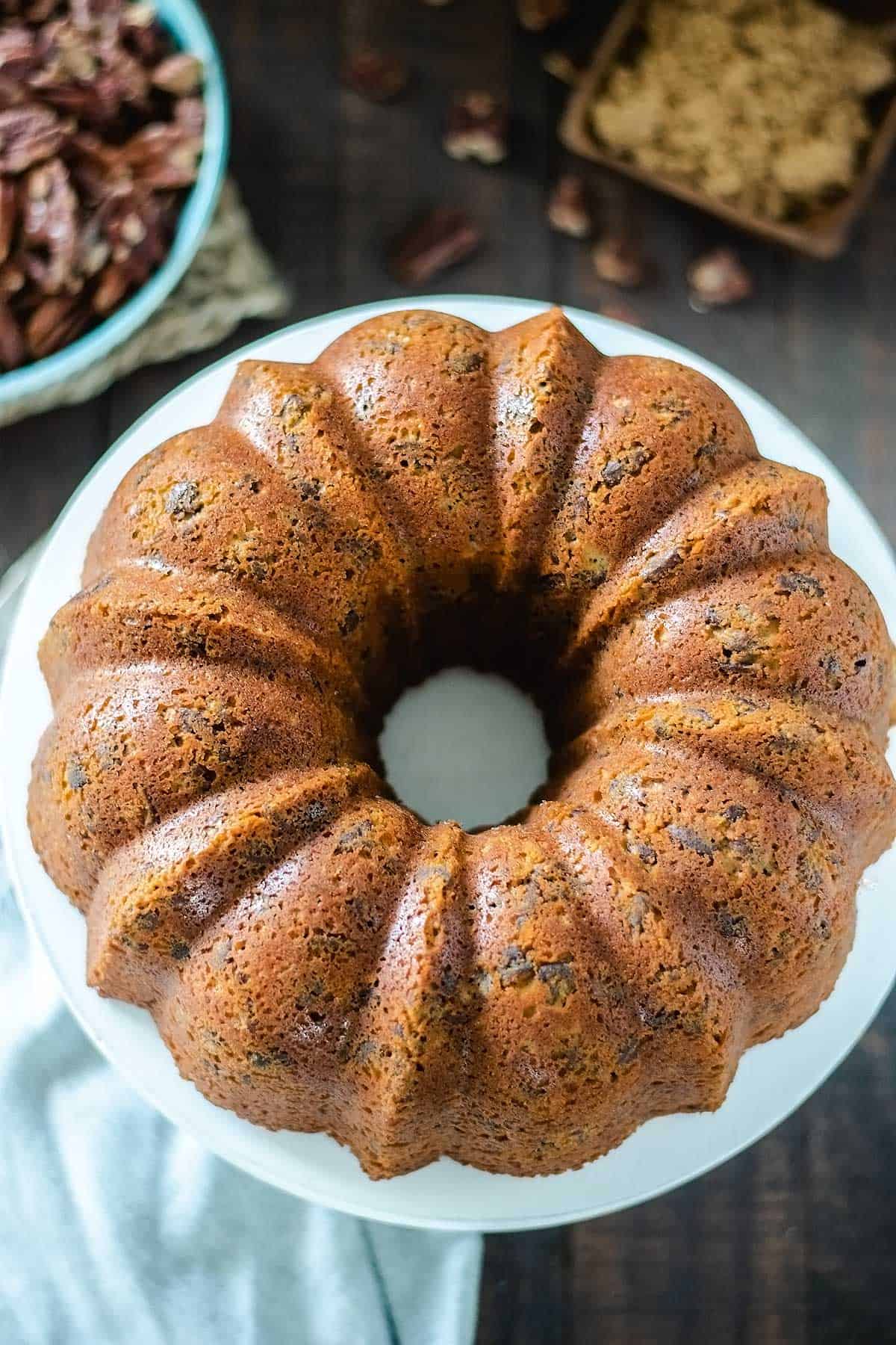 overhead view of this baked pecan pound cake 