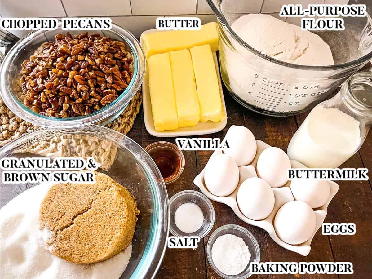 overhead view of labeled ingredients for this brown sugar pecan pound cake recipe