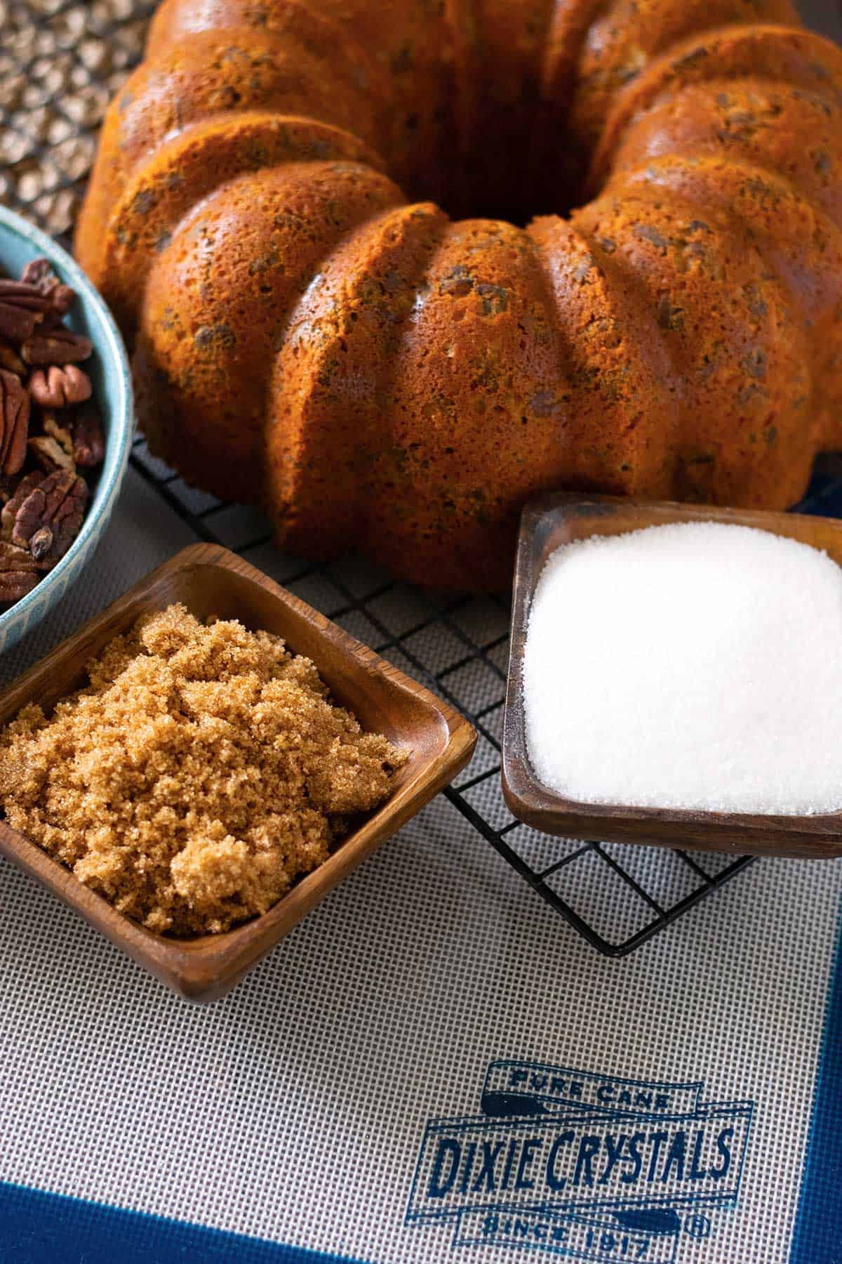 close up of ingredients for this brown sugar pecan pound cake recipe