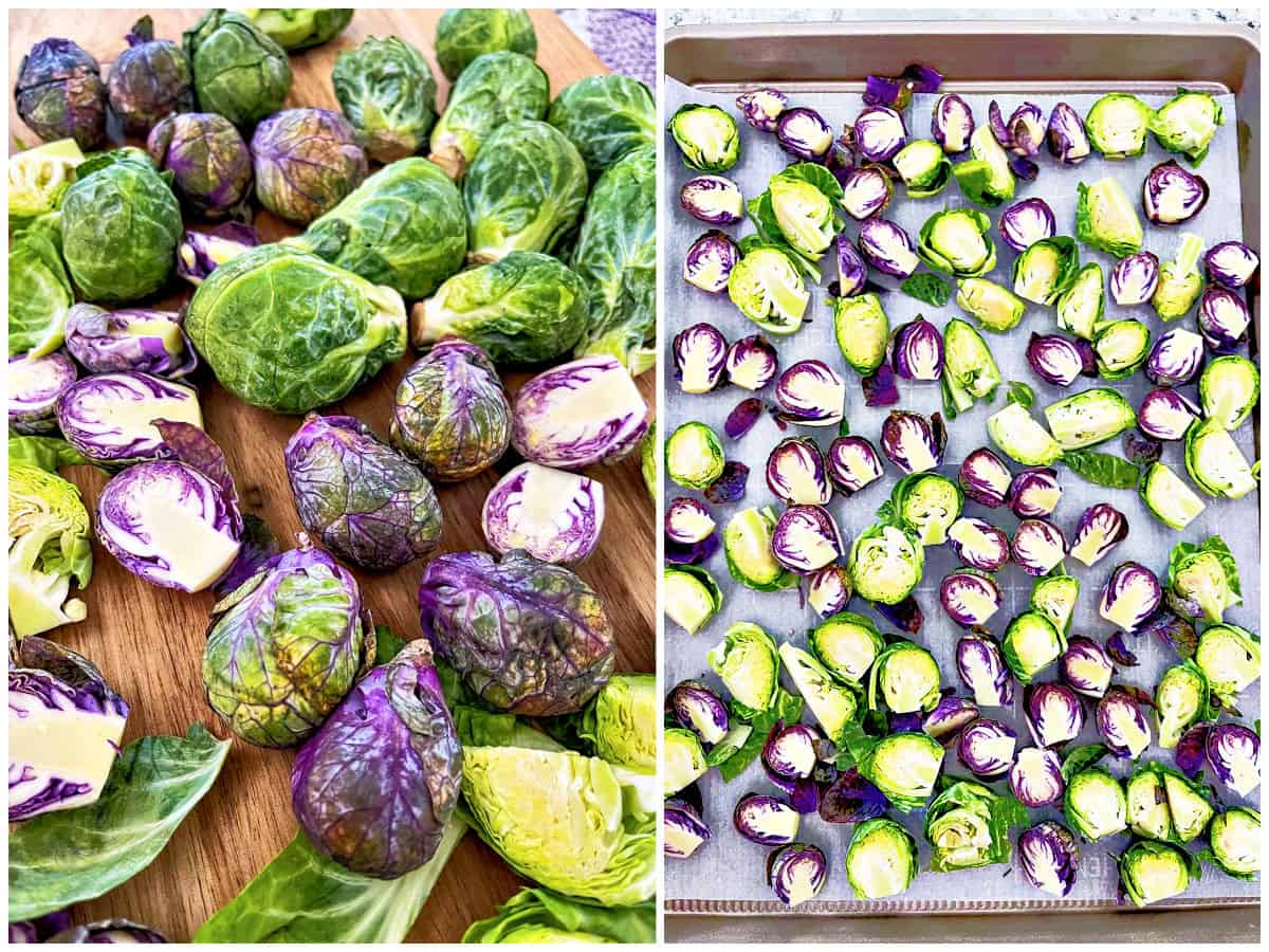 Image collage of brussels sprouts after washing and then cut and places on sheet pan.