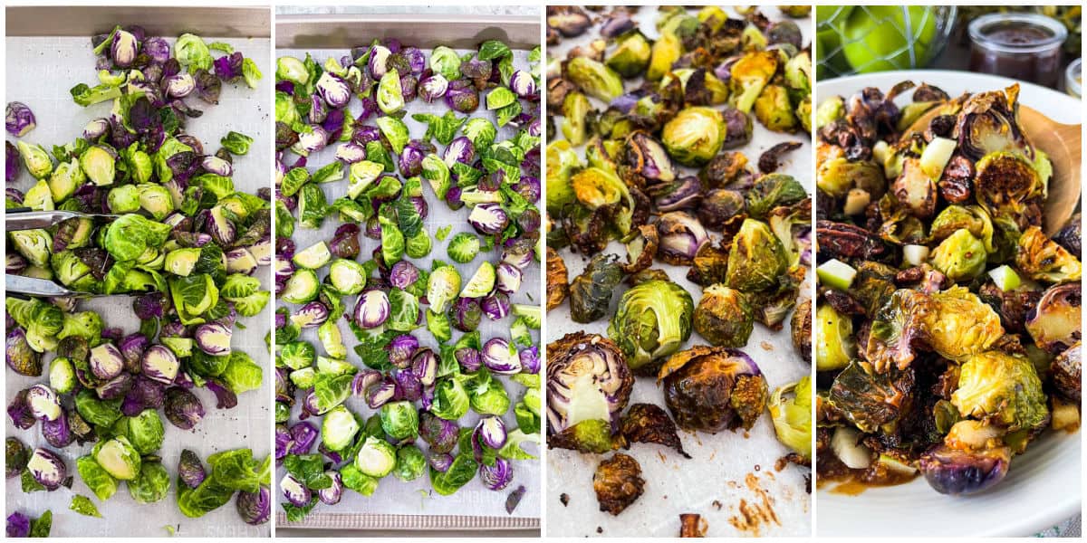 Image collage of tossing dressed brussels sprouts and what they look like after baking.