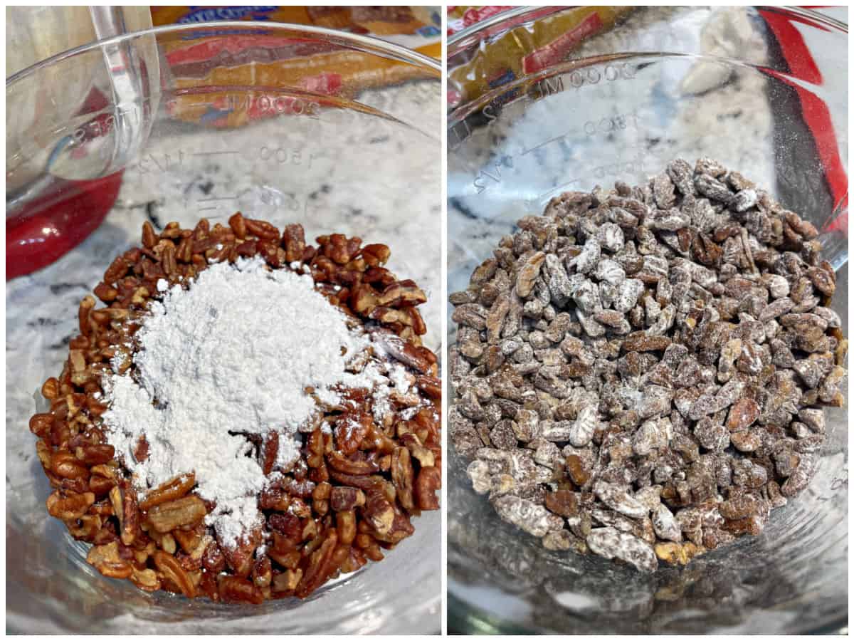 collage image of toasted pecans tossed in flour to prevent them from sinking in the batter while this butter pecan pound cake bakes