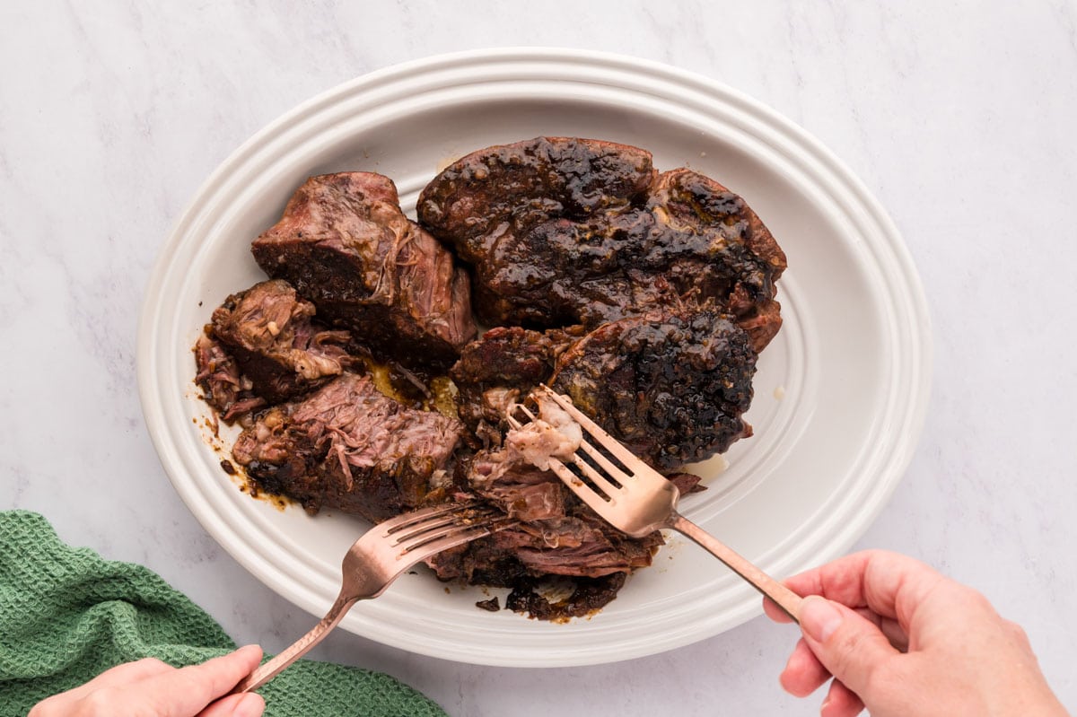 The whole chuck roast on the platter with forks shredding the roast into larger chunks.