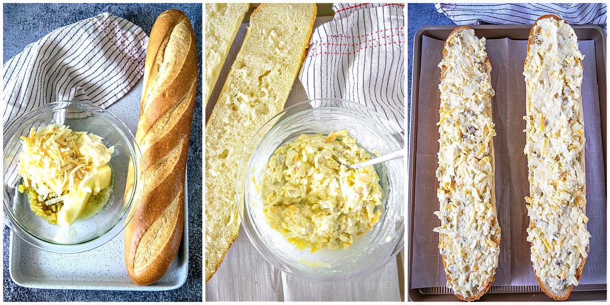 Image of steps to make cheesy green chile bread. Combine ingredients, mix together and top bread.