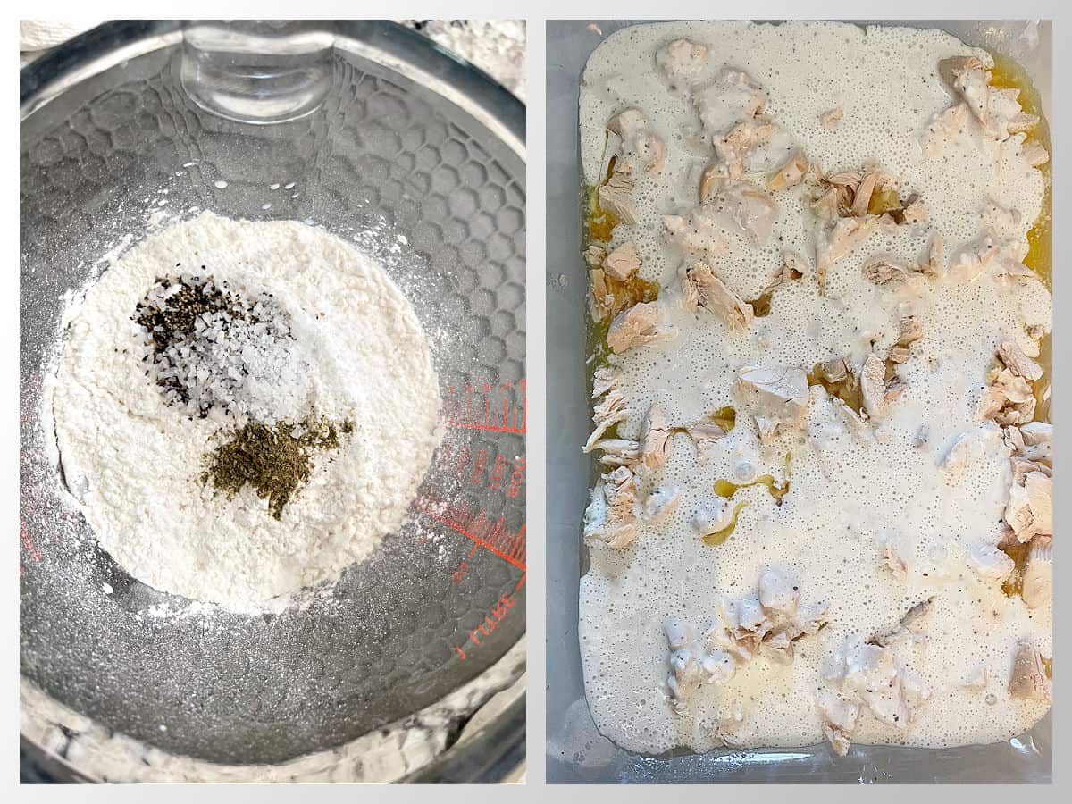 Image of instructions step of mixing flour, milk and spices and then layering over chicken in casserole dish.