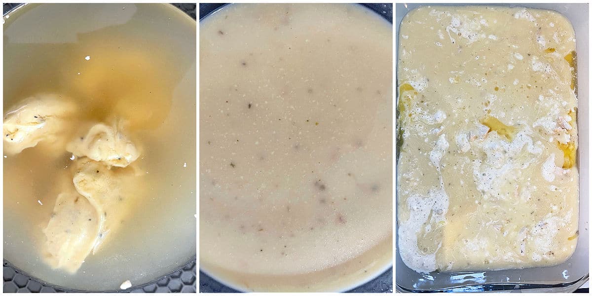 Step by step images of mixing broth and cream of chicken soup and adding to casserole layer.