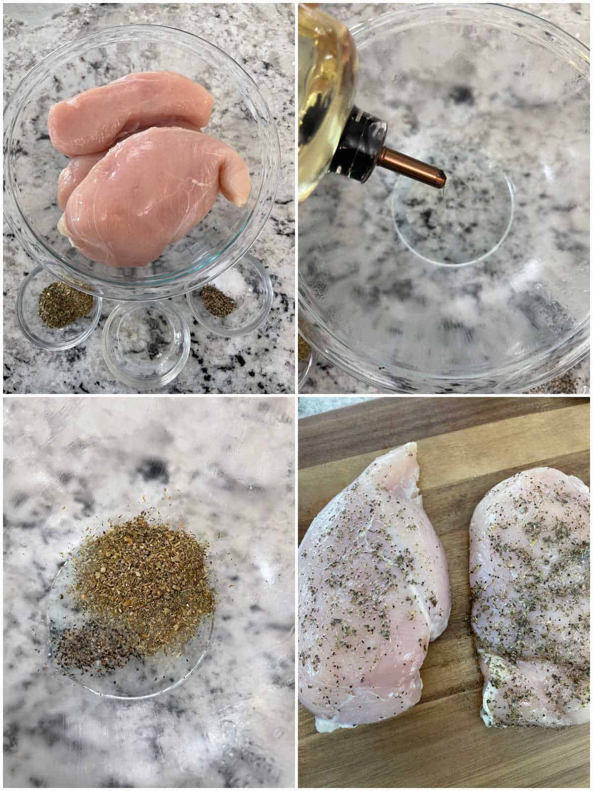 Step by steps images of preparing chicken breasts with an Italian seasoning olive oil rub.