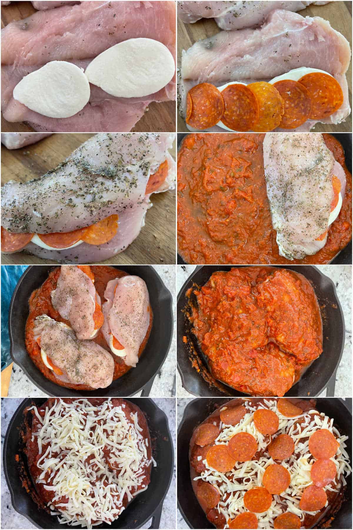 Step by step images of stuffin the pizza stuffed chicken with pepperoni, cheese and then topping with marinara sauce and more cheese and pepperoni.