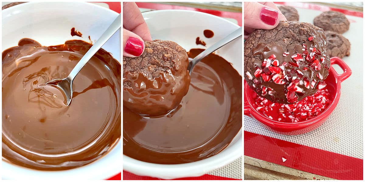 Three images showing steps to melt, dip cookie in chocolate, and add peppermint sprinkles.