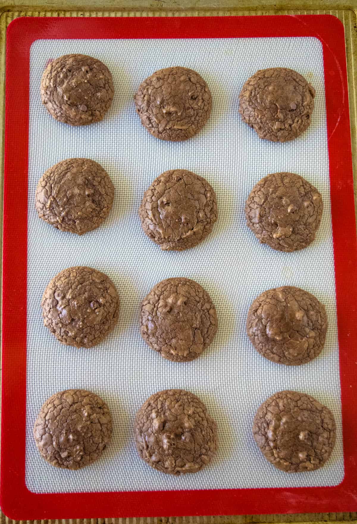 Brownie Cookies after baking on a baking sheet.