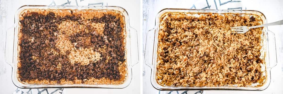 Image showing baked french onion soup recipe with ground beef and rice dish. And fluffing with the rice casserole with a fork to serve.