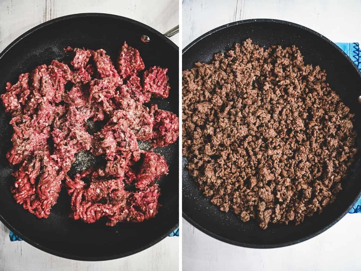 Image of recipe steps to brown ground beef.
