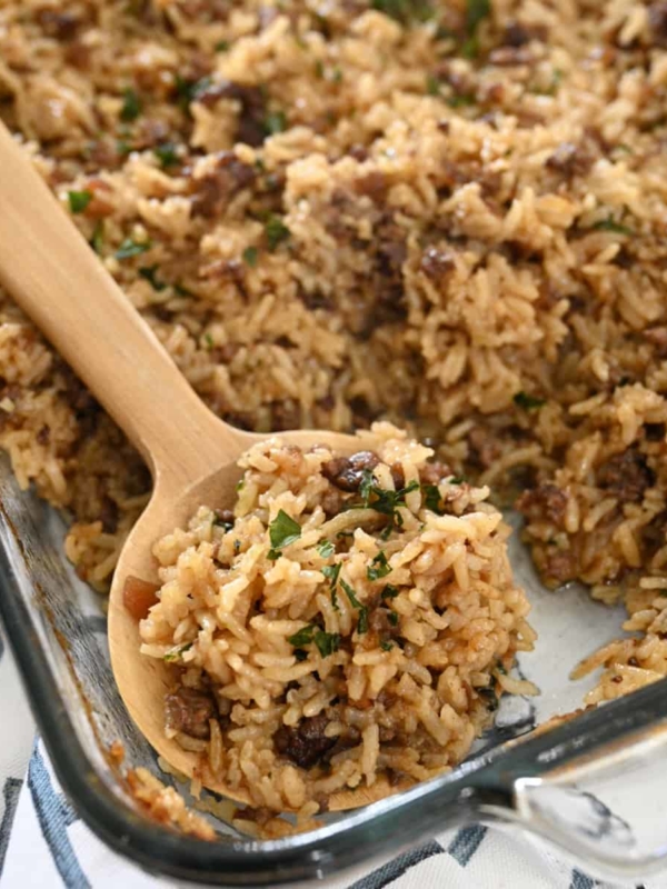 French Onion Ground Beef and Rice Casserole