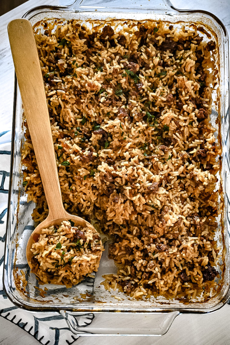French Onion Ground Beef and Rice Casserole Soulfully Made
