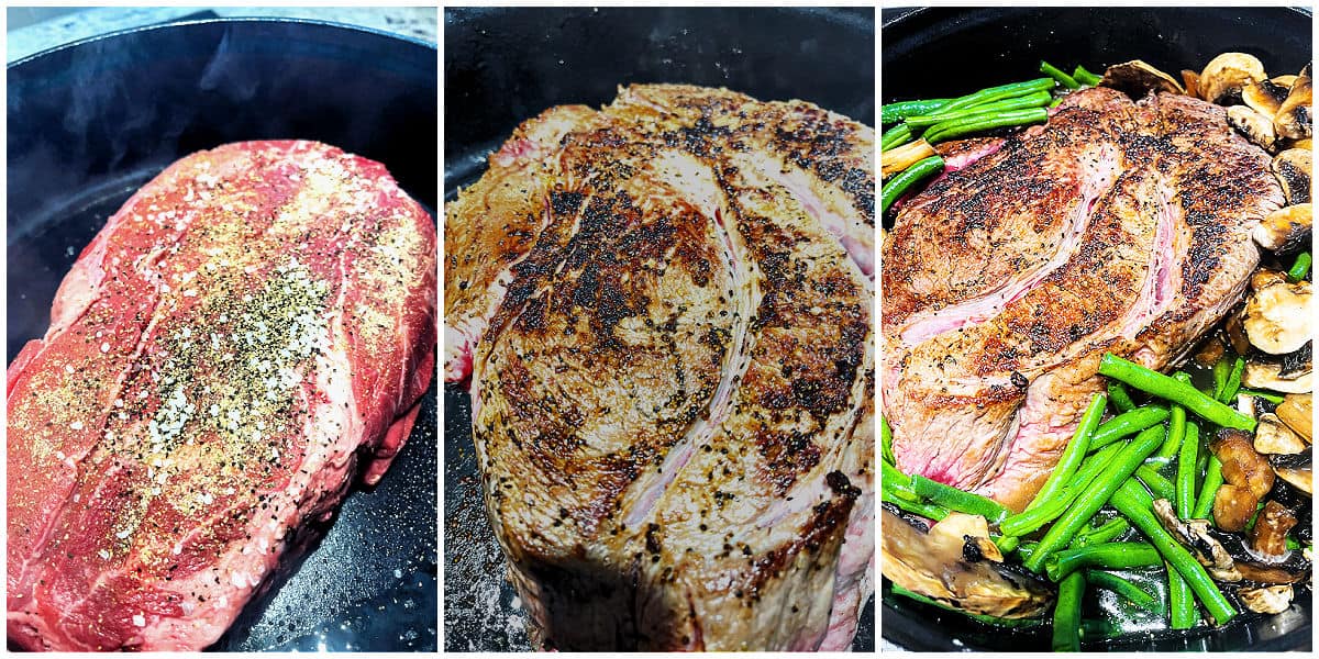 Image collage of steps to make pot roast (season, sear, add ingredients, cook).