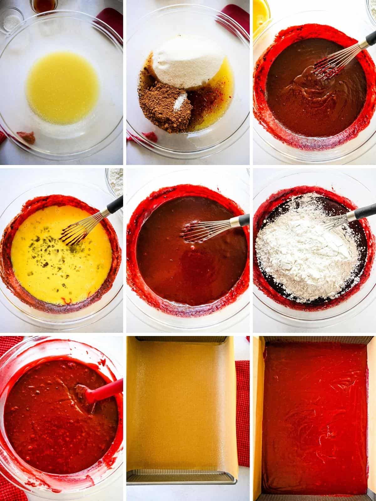 Red velvet brownie batter step by step image collage.