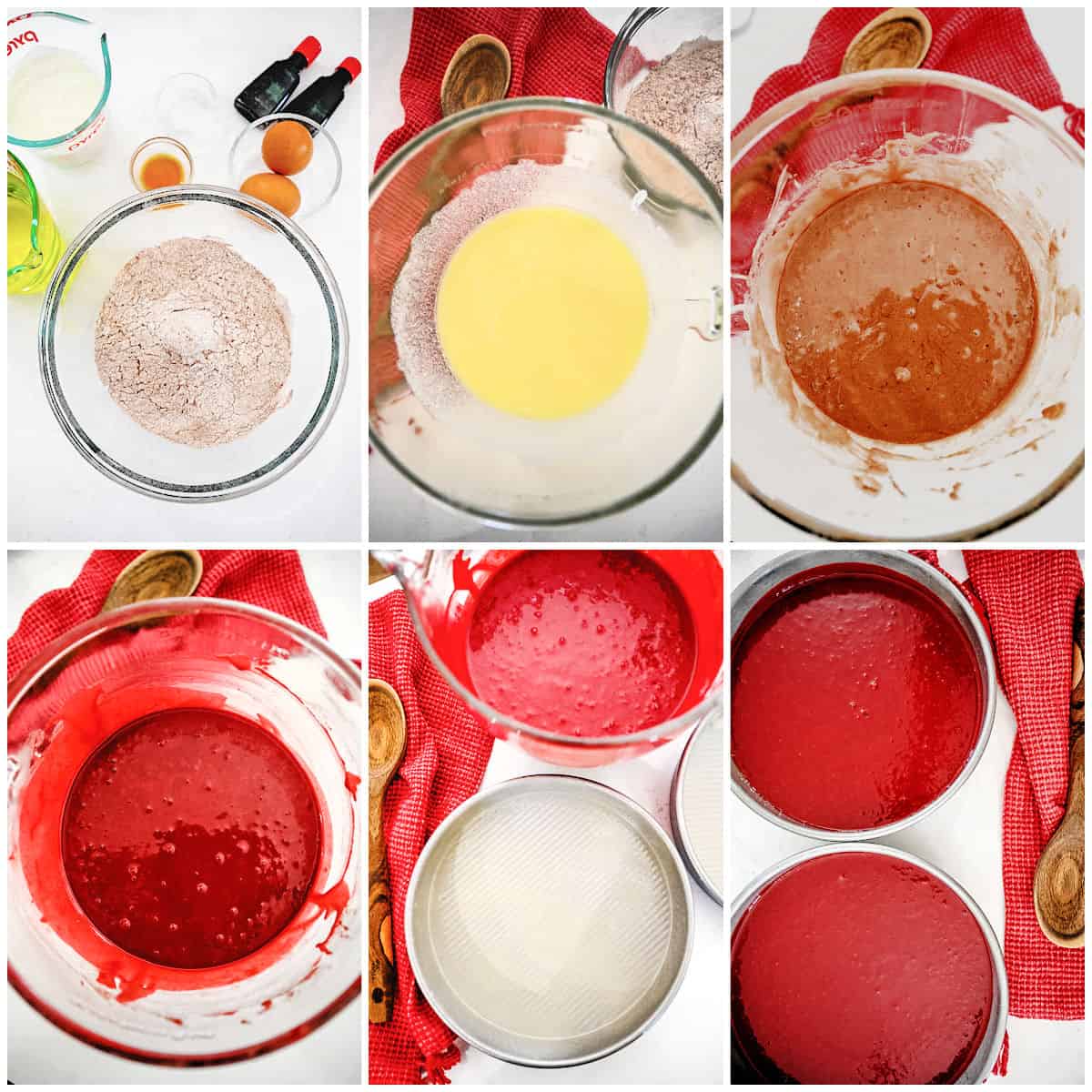 Collage image of stages of red velvet cake preparation.
