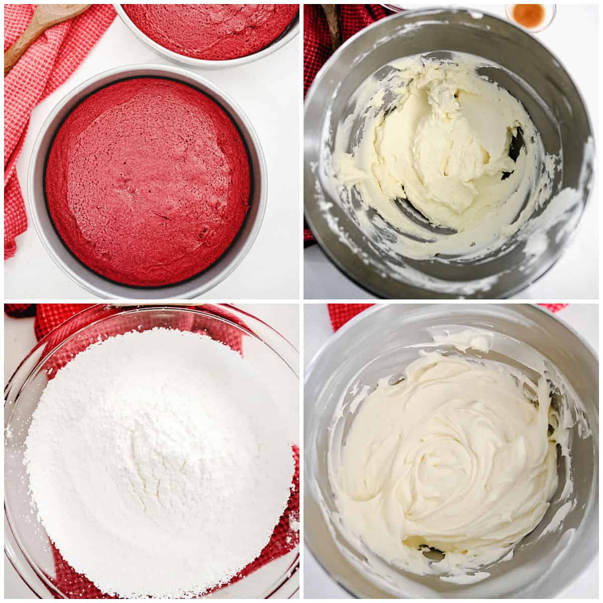 Collage image of stages of red velvet icing preparation.