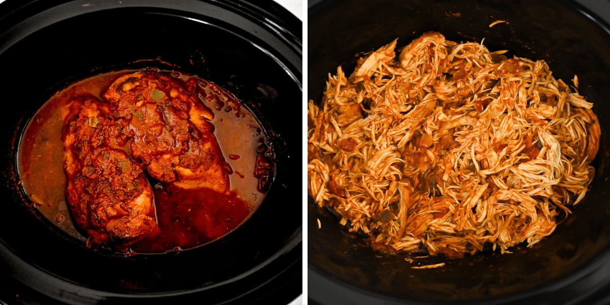 Step by step images of sals chicken in crock pot cooked and then shredded.