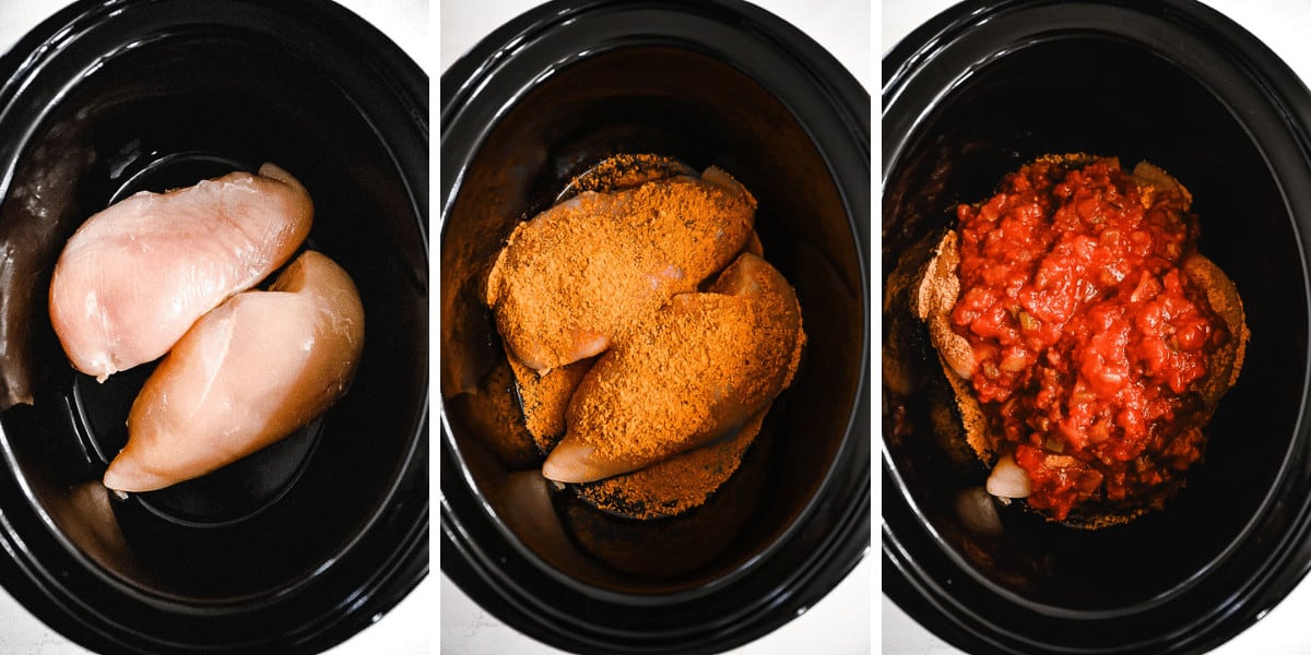 Step by step images of chicken in crock pot, adding taco seasoning, and topping with salsa.