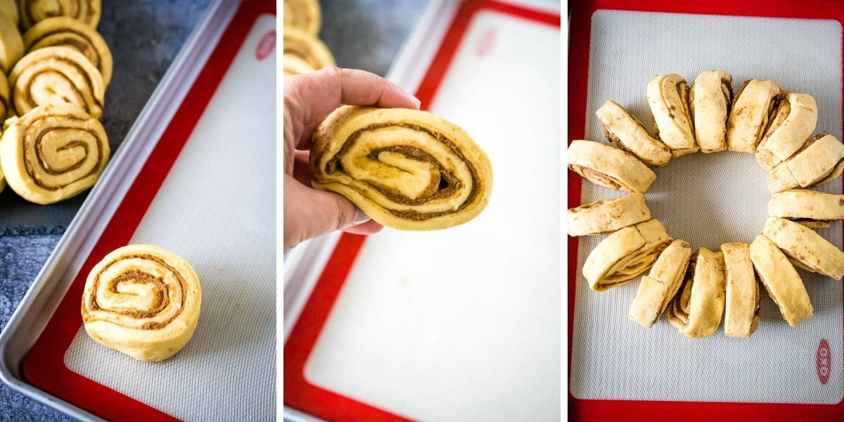 Collage image showing how to press cinnamon rolls into an oval and shaping the ring to bake.