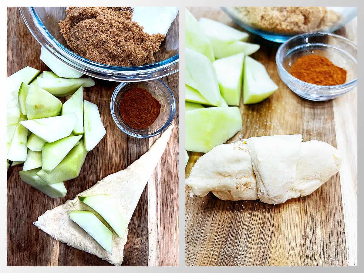 Apple dumpling prep images showing apple slices being rolled into crescent roll dough.