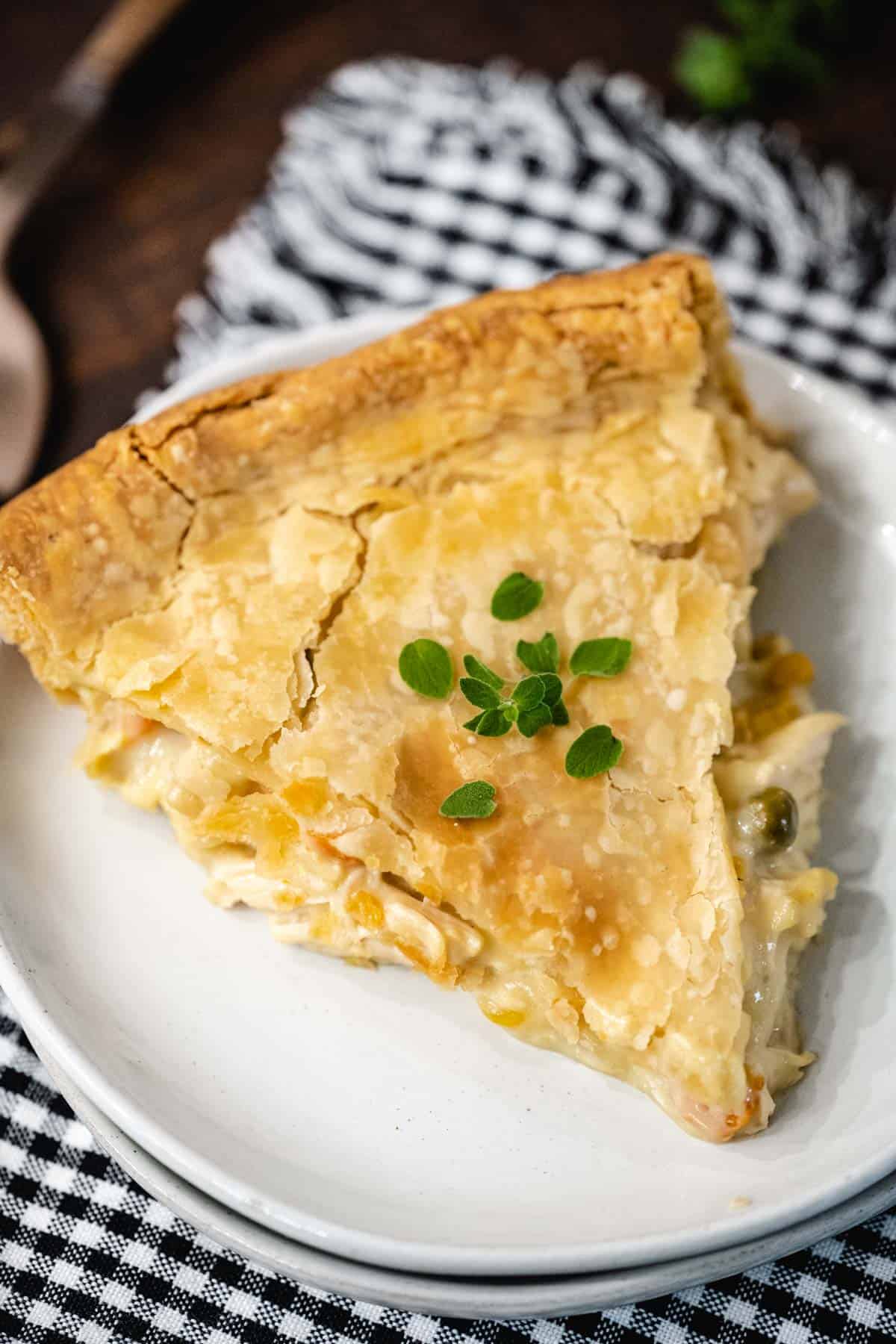 Up-close overhead image of a slice of chicken pot pie.