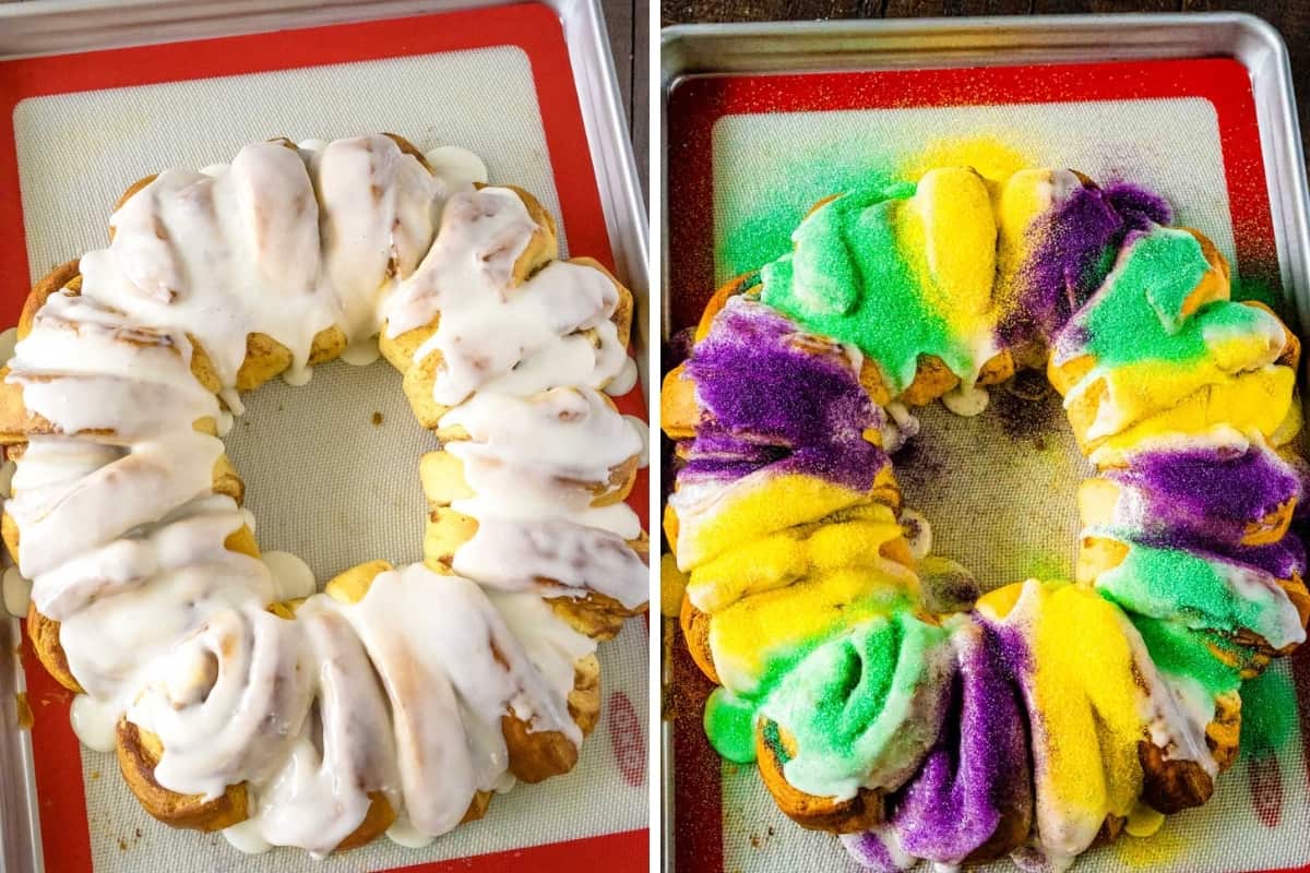 King cake iced and topped with mardi gras colored sugar.