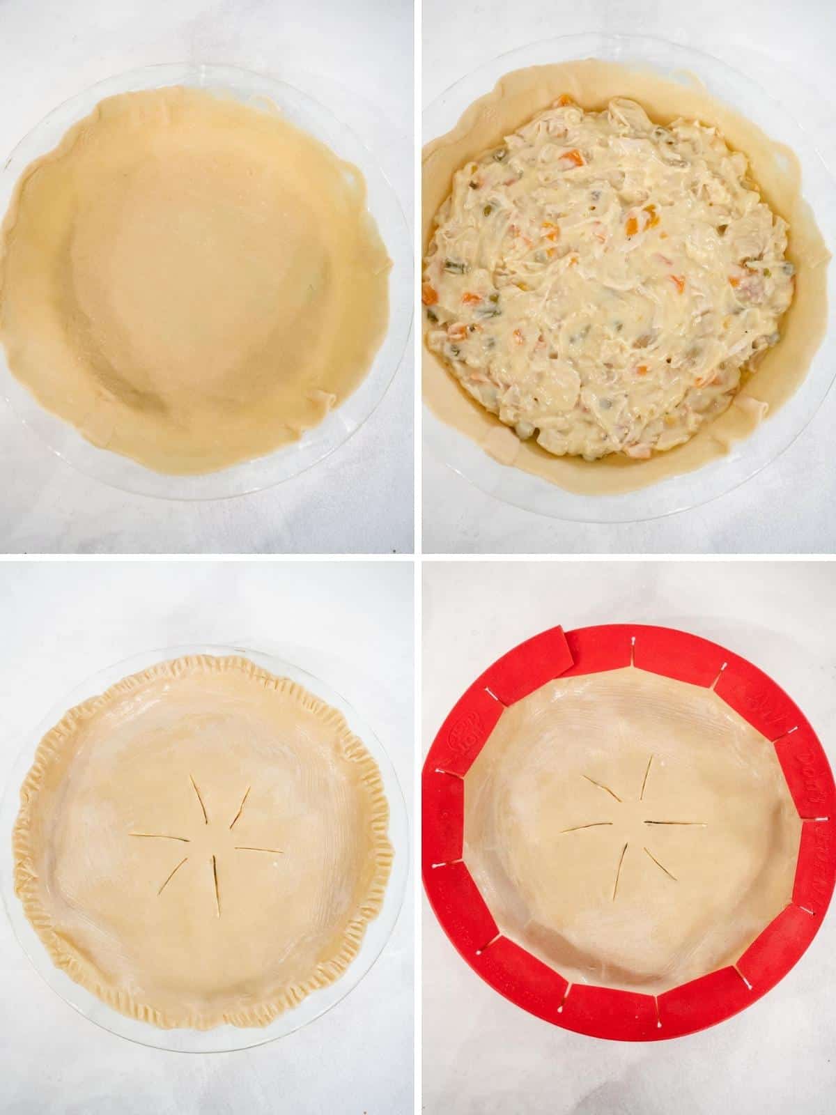 Images show steps to fill pie crust and top with second crust and the add a pie shield for baking.