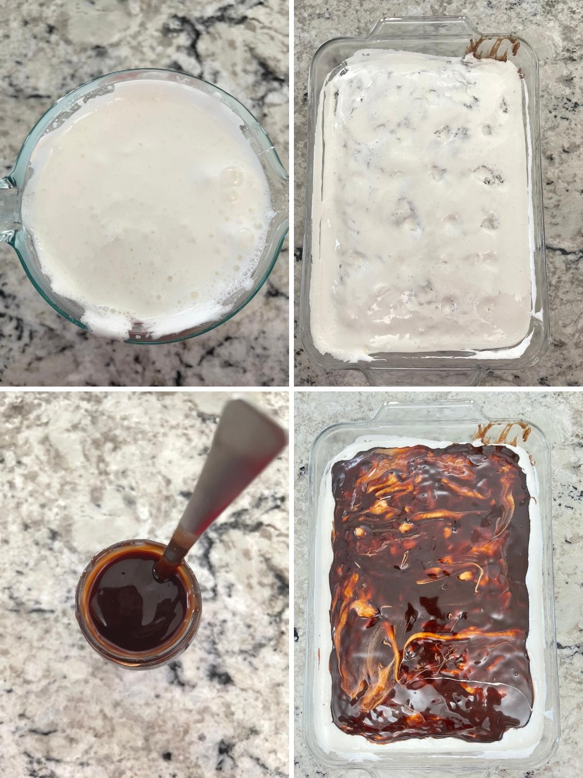 Images showing steps to make marshmallow and fudge layers.