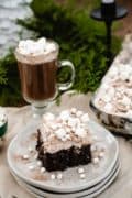 A slice of chocolate cake with hot chocolate whipped cream topping with a cup of hot chocolate in the background.