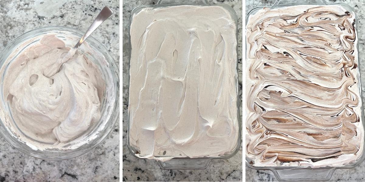Images showing steps to make topping and fudge swirls layers.