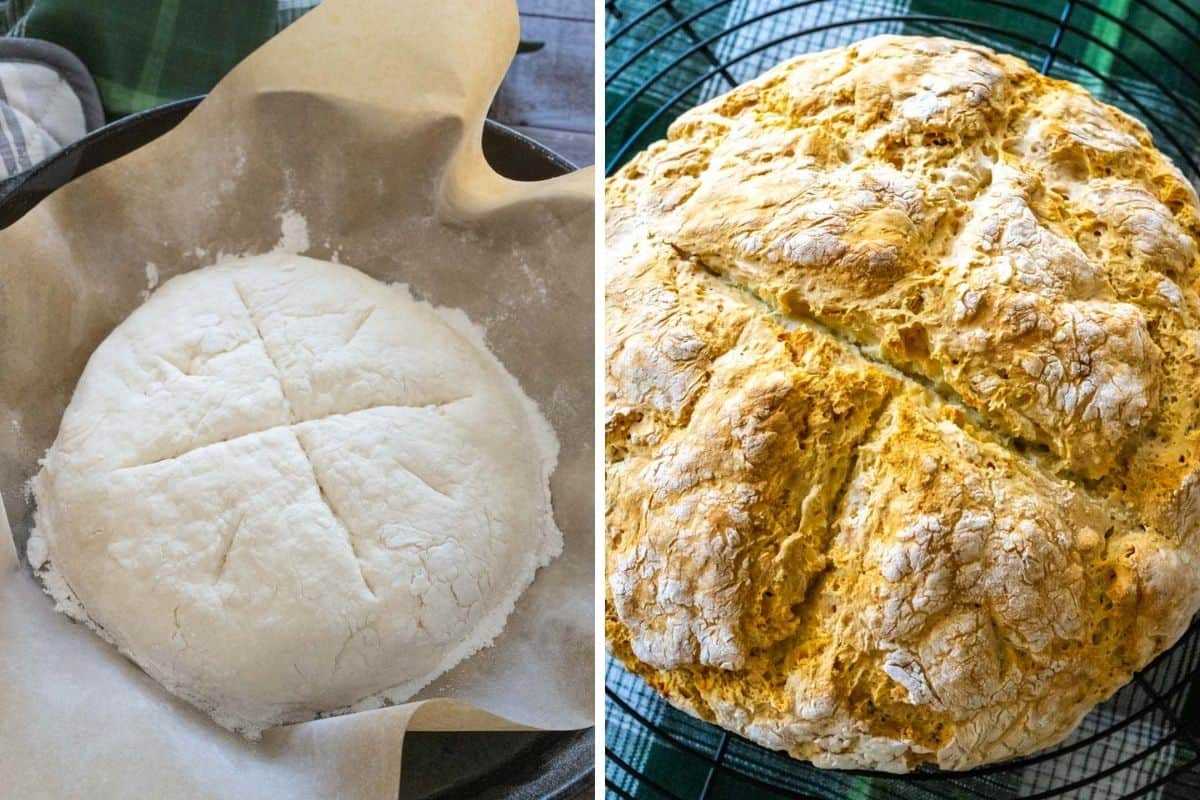 Two image collage showing bread dough on parchment paper in cast iron pan and the cooked bread on a cooling rack.