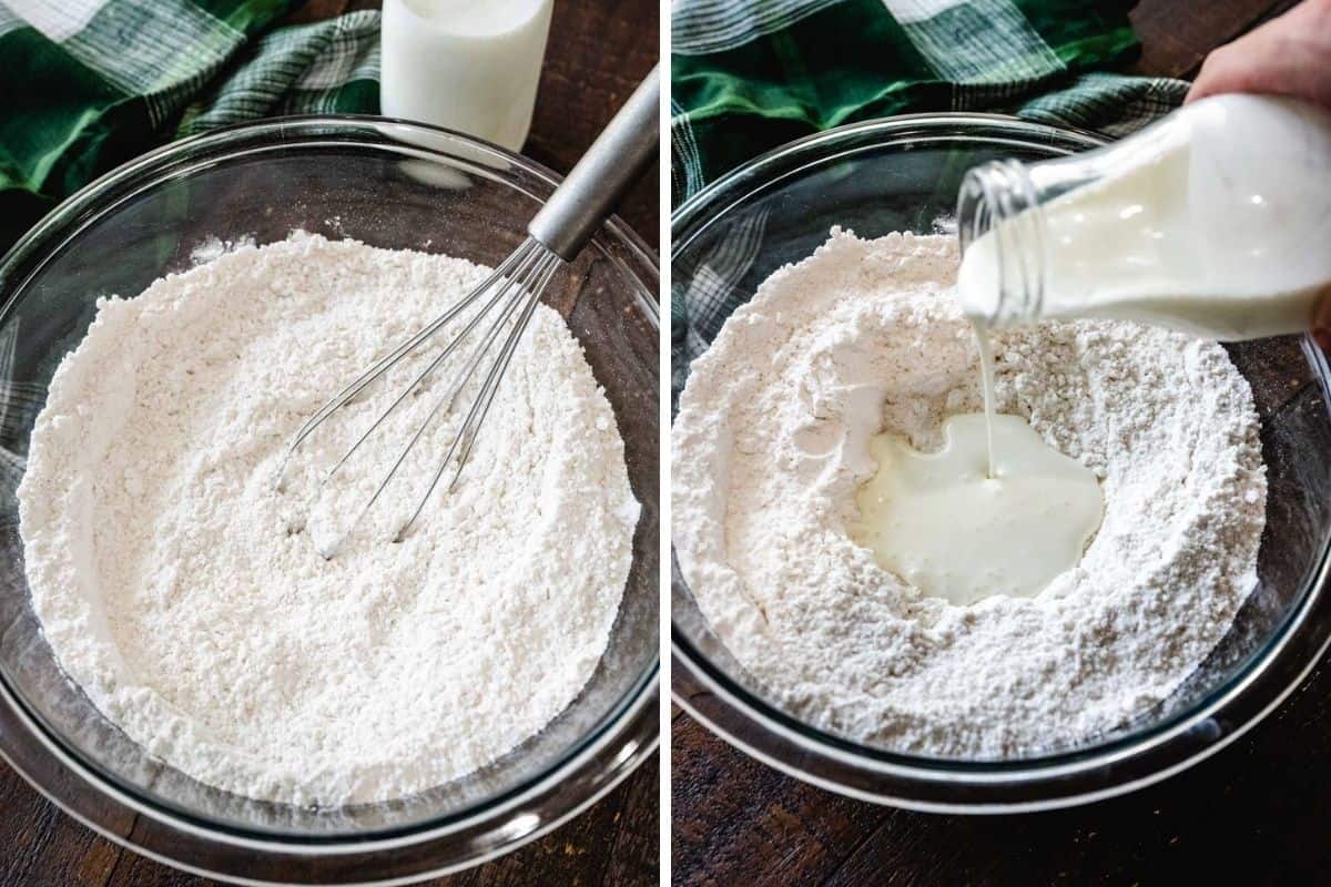 Two image collage showing mixing flour with baking soda and salt and pouring in buttermilk.