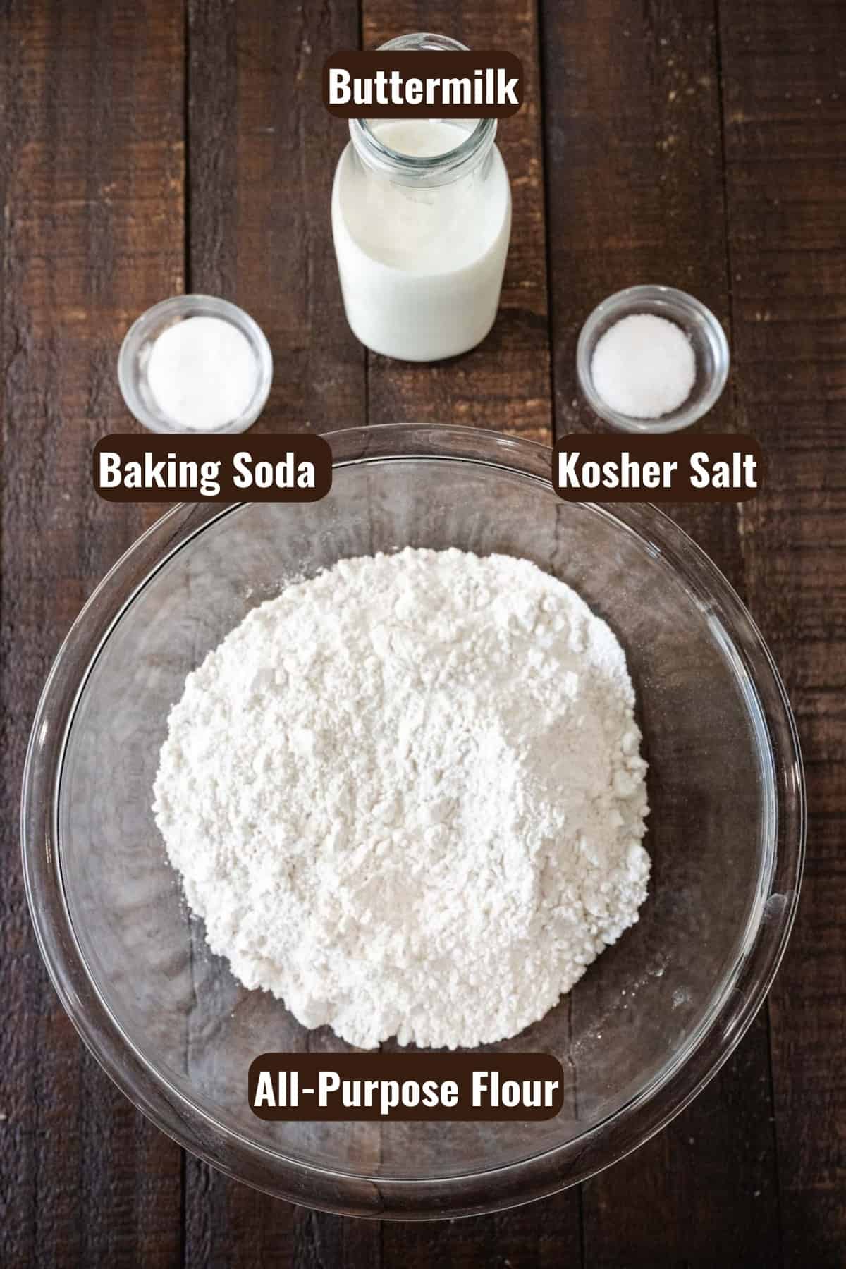 A labeled picture of the ingredients needed for Irish Soda Bread.