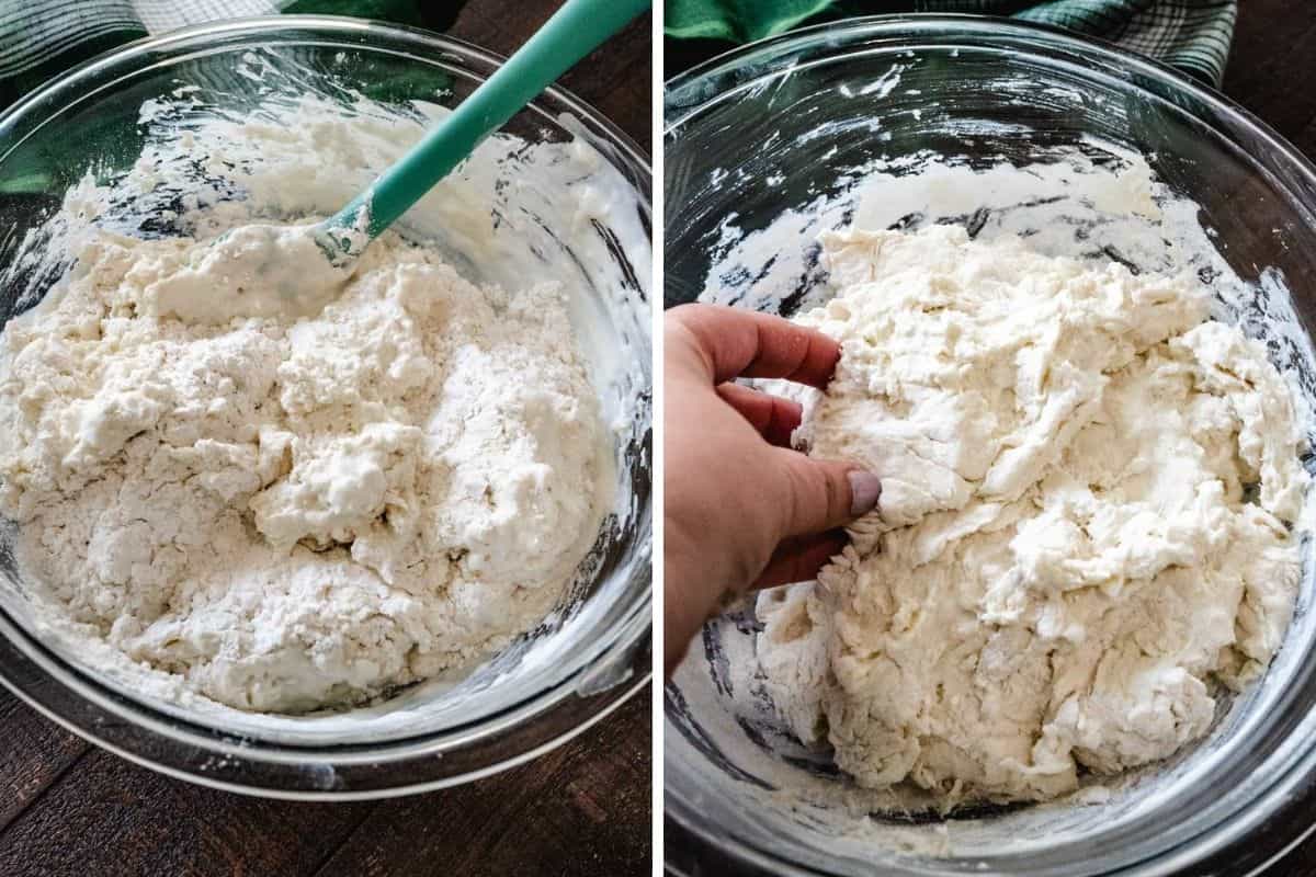 Two image collage showing stirring flour and buttermilk mixture together and removing from bowl with hands.