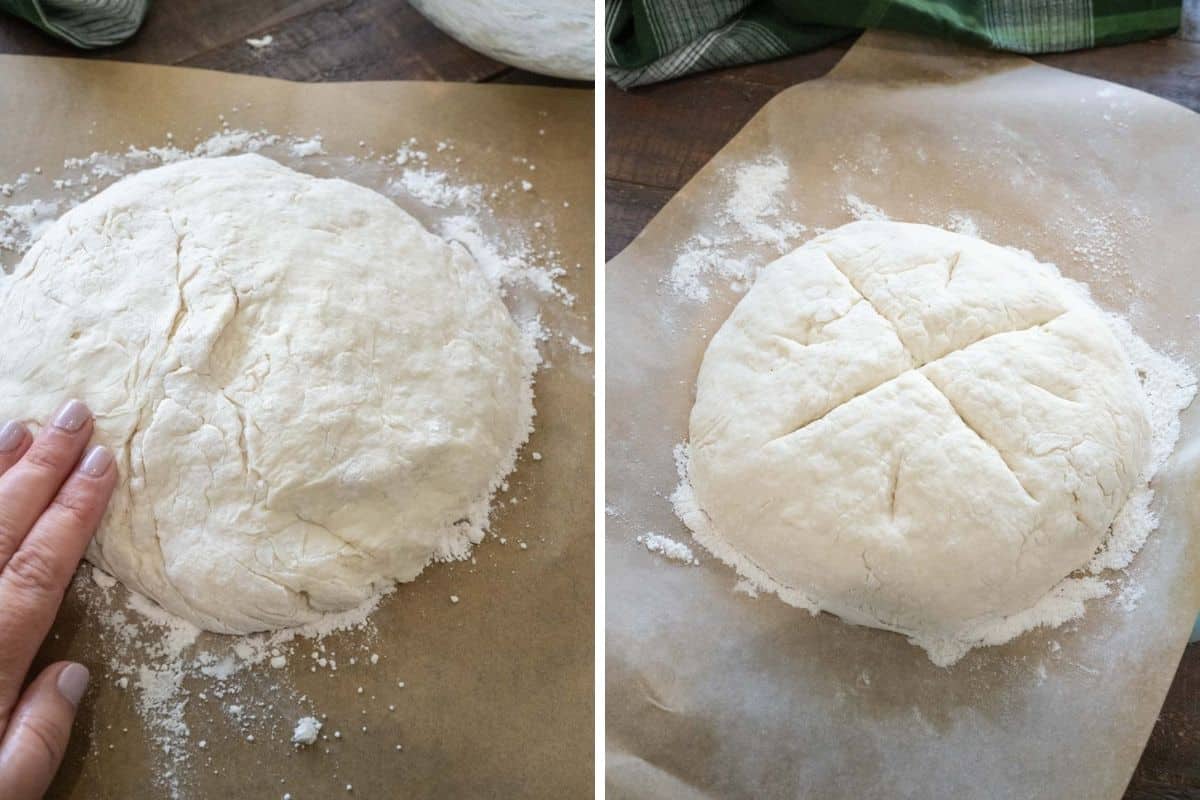 Two image collage showing shaping bread dough in a round disk and the cross cuts on top of dough.