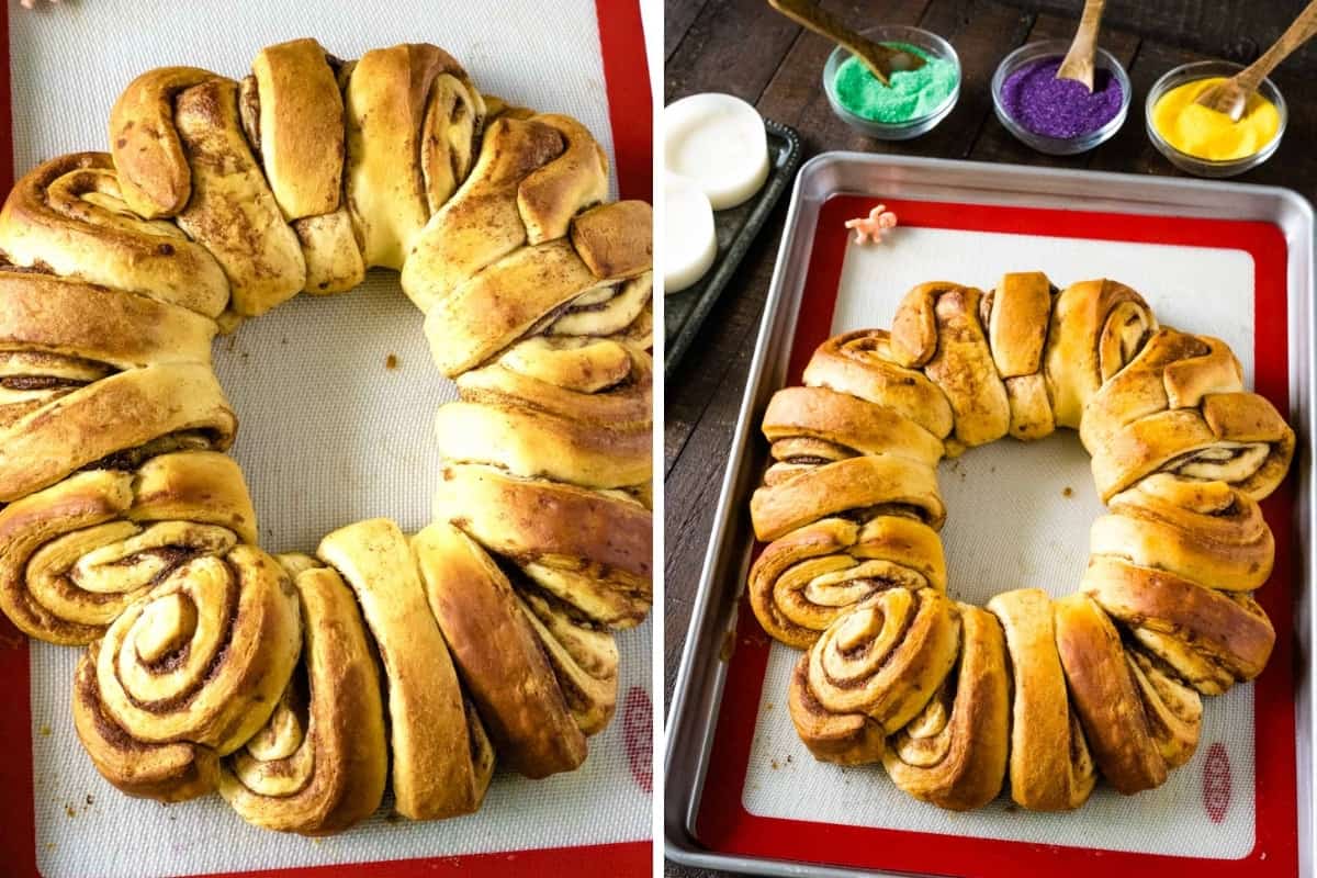 Collage image showing the cinnamon roll king cake after coming out of the oven.