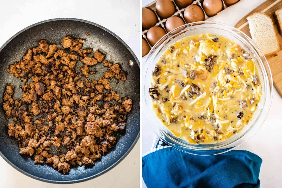 Two image collage showing cooked sausage and a bowl holding the egg mixture stirred together.