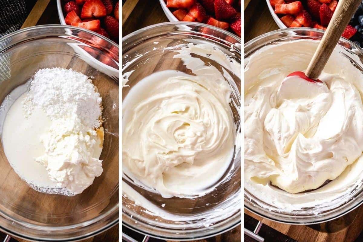 Collage image showing steps to make cheesecake mixture. Add ingredients to bowl, beat until smooth, fold in cool whip.