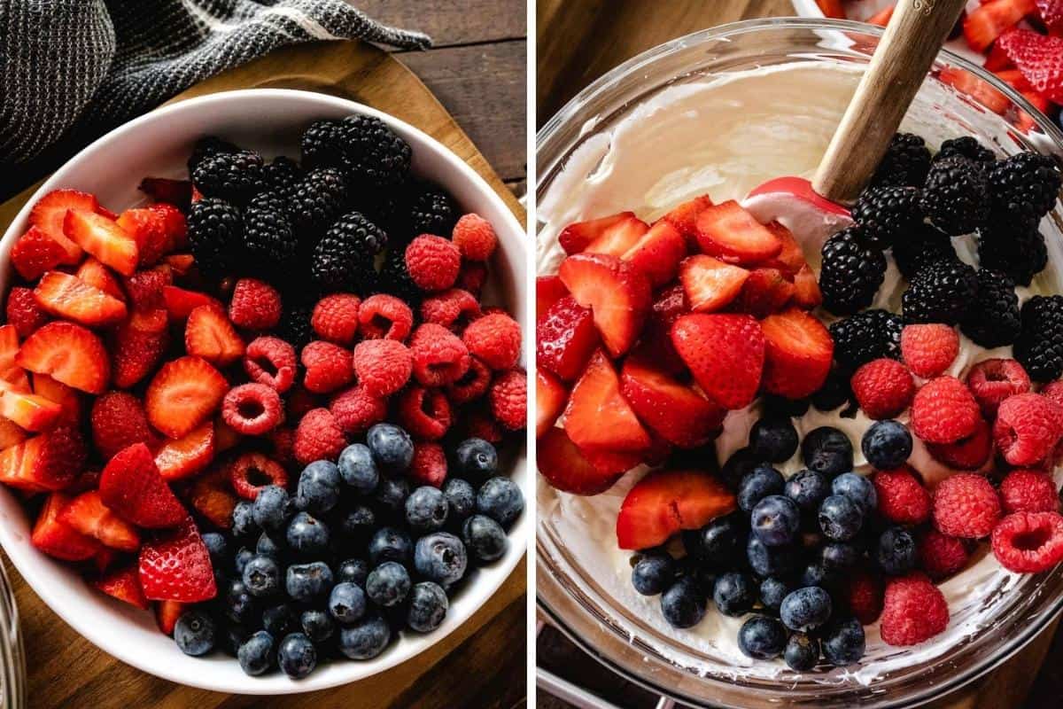Collage image showing fresh fruit in a bowl and the fruit added to cheesecake mixture.