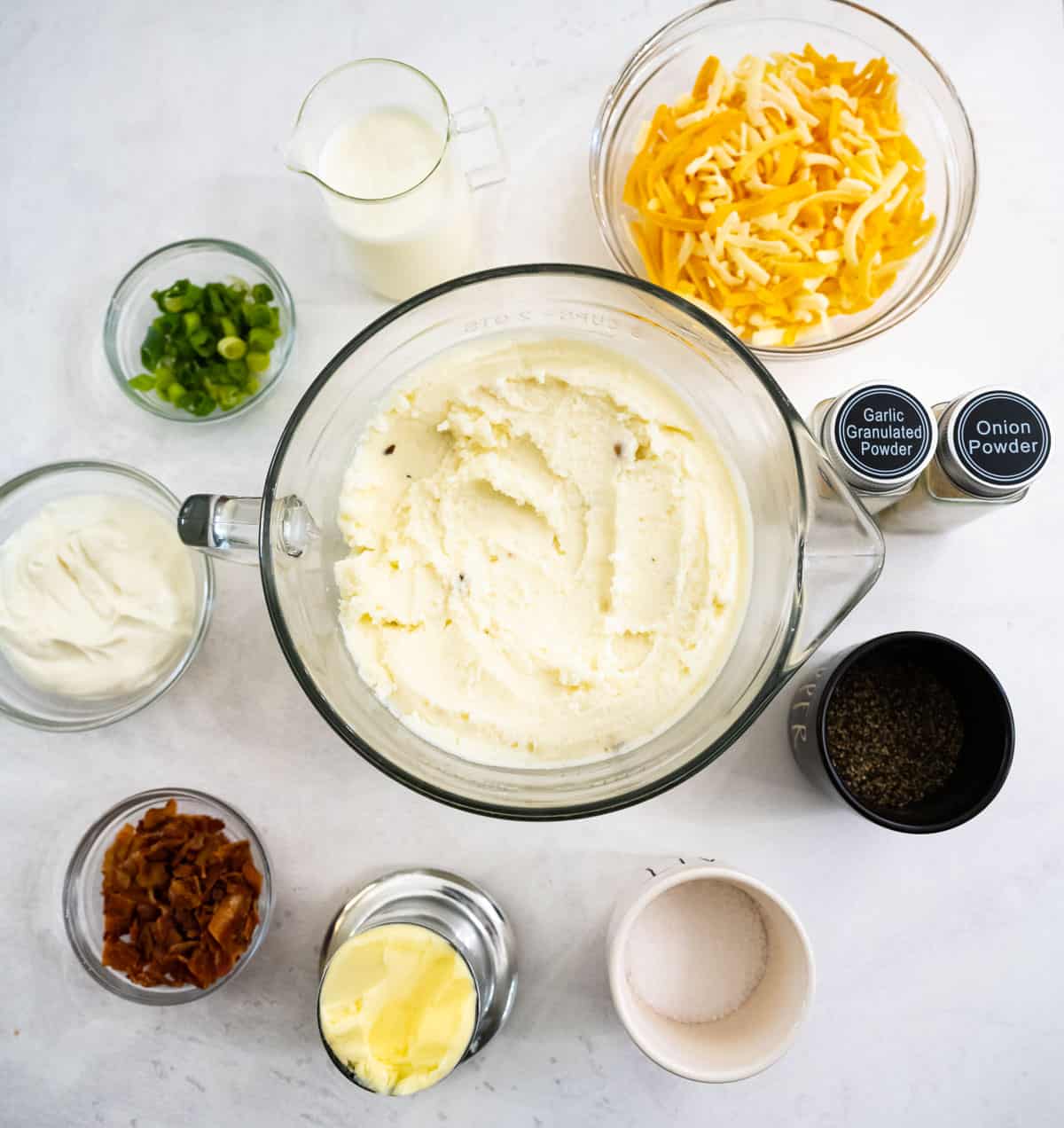 Image of ingredients needed for loaded mashed potato casserole recipe.